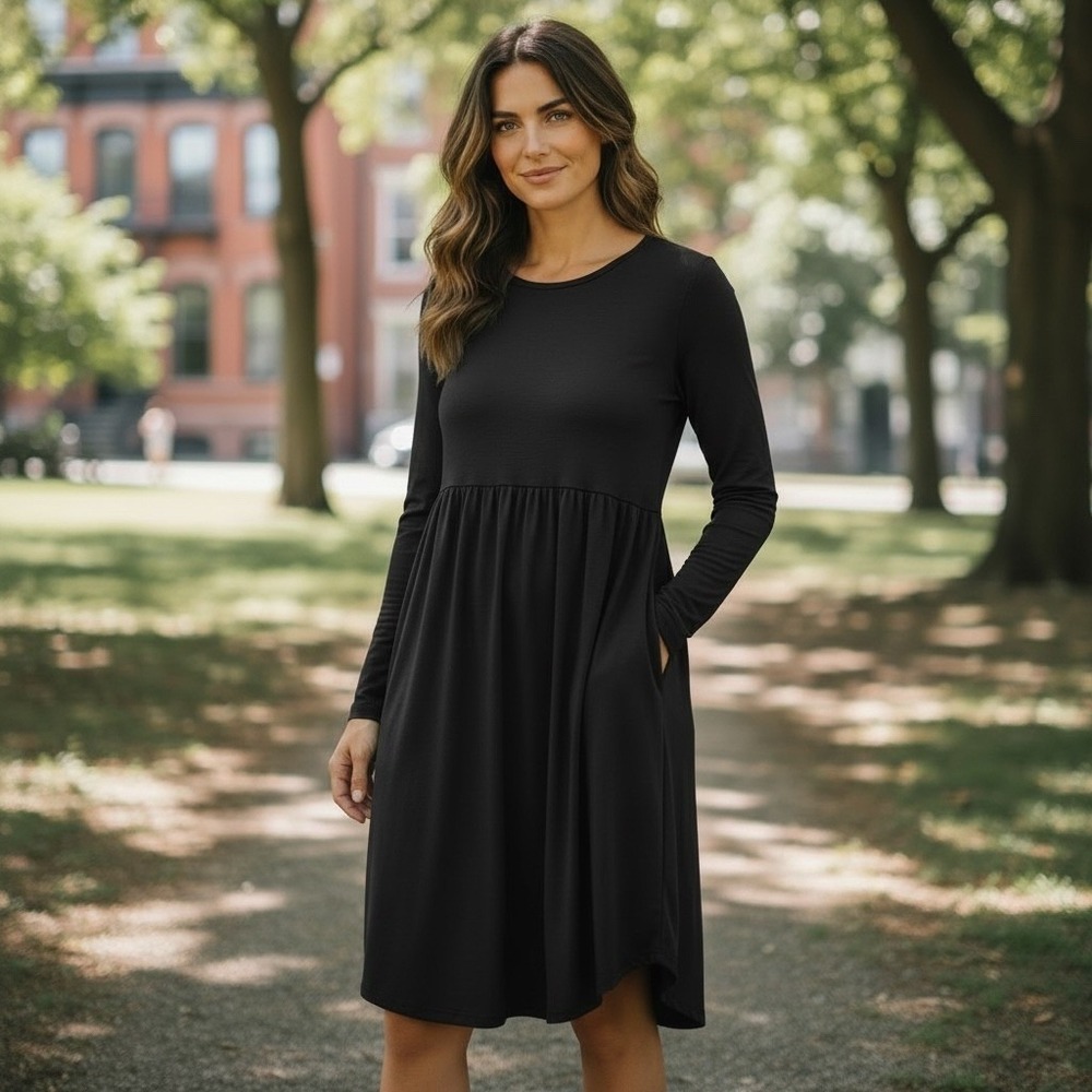 Womens Black Long Sleeve Babydoll Midi Dress Pockets Size L